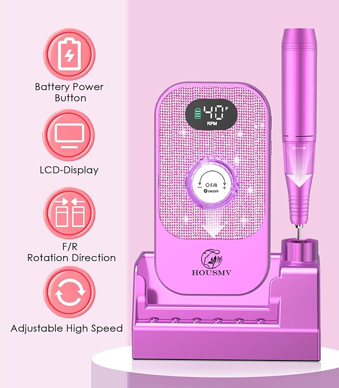Portable Nail Drill Electric File: Professional Nail E File Machine 40000RPM for Acrylic Nails Remove Nail Gel Polish Manicure, Rechargeable Cordless Diamond Nail Drill with Bits & Base for Salon Home