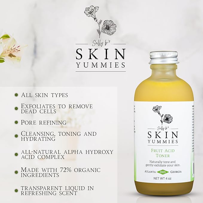 Sally B's Fruit Acid Face Toner and Daily Exfoliator/Alpha Hydroxy Acid (AHA) / 5 in 1 Action: Astringent, Cleansing, Calming, Exfoliating, and Hydrating / 4OZ