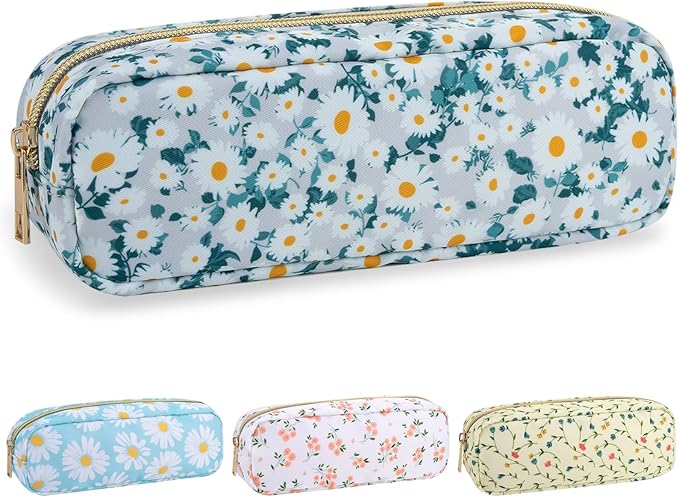 izuzta Nylon Small Floral Makeup Bag Slim Pouch, Preppy Cute Makeup Brush Case Bag Flower Cosmetic Zipper Pouch Purse, Waterproof Travel Toiletry Bag Coin Pouch Make Up Organizer Women(Green-Daisy)