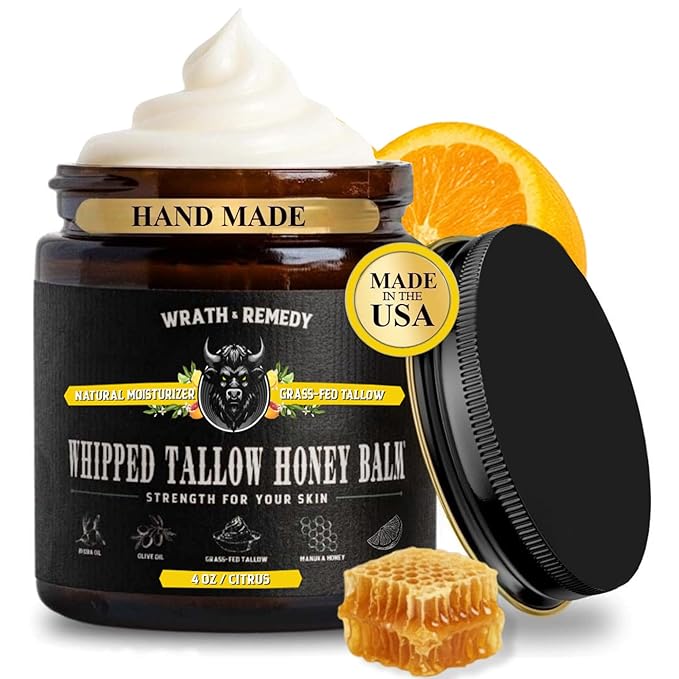 Organic Beef Tallow for Skin - 4 OZ (Citrus) — Grass Fed Beef Tallow for face + Body — US-Made Whipped Tallow and Honey Balm Moisturizer for Dry and Sensitive Skin, Eczema, Rosacea (No Additives)