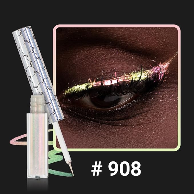 CHARMACY Multichrome Liquid Eyeliner, Glitter Chameleon Liquid Eyeshadow Eyeliner Makeup,High Pigmented with Waterproof &Smudge Proof Formula,Longwearing,Ultra-Fine Tip,PALE PINK YELLOW 908