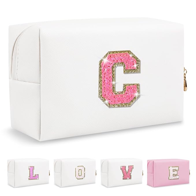 Small Personalized Initial A-Z Patch Makeup Bag,White Cute PU Leather Glitter Letter Cosmetic Bag for Teen Girls,Travel Toiletry Bag with Zipper,Preppy Monogrammed Birthday Gift for Daughter Niece C