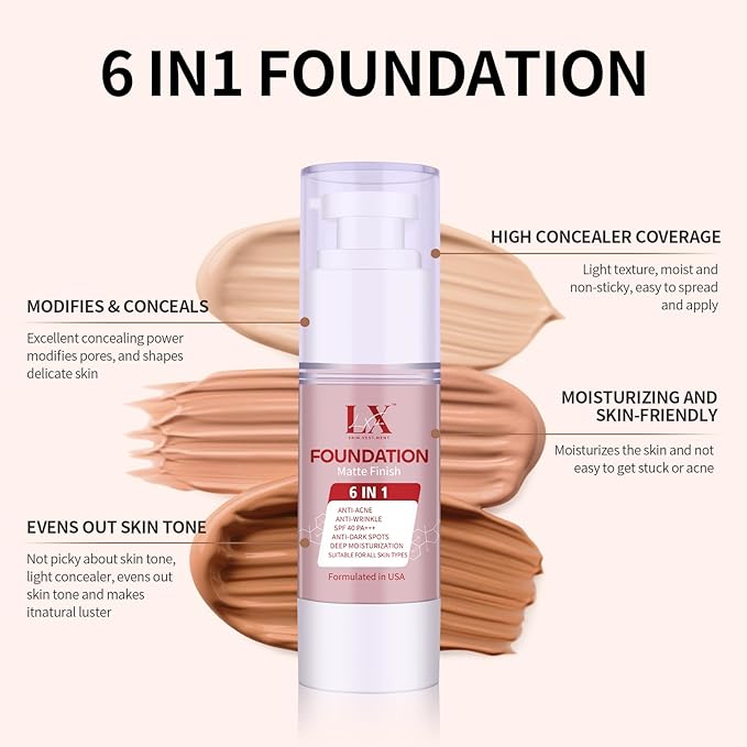 6-in-1 Makeup Infused with 1% Hyaluronic Acid- Matte + Poreless Liquid Foundation For A Glowing & Soft-Focus Look, Suitable for All Skin Types (107 Light, Acne-serum Foundation)