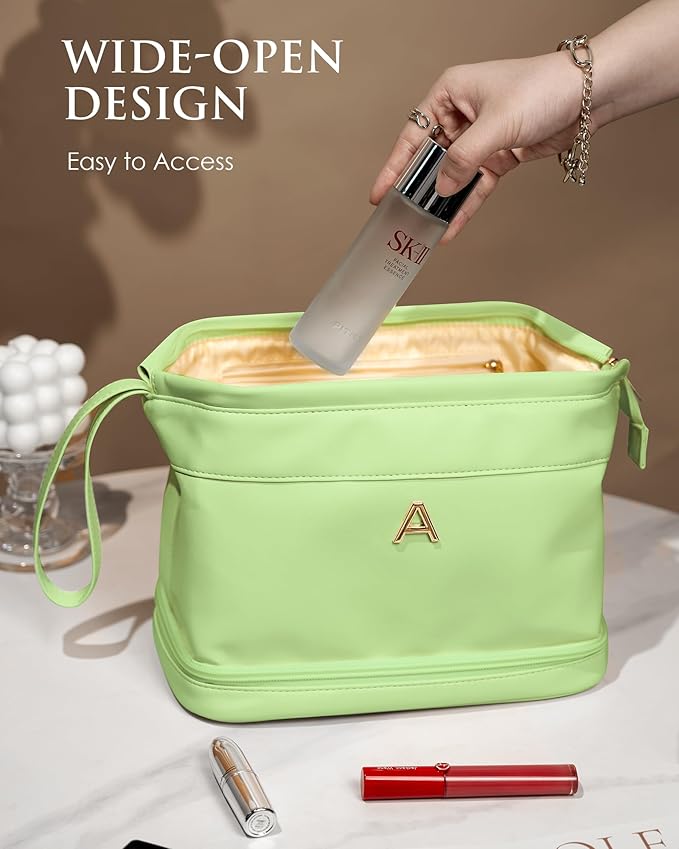 Bridesmaid Gifts, Initial Large Makeup Bag, Bride To Be Gifts, Double Layer Cosmetic Bag, Waterproof PU Travel Toiletry Bag for Bachelorette Party Women Wedding Bridal, Bride Gifts