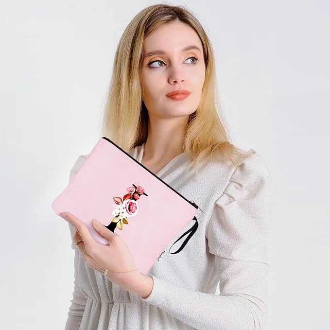 Vavabox A-Z Personalized Makeup Bag, Birthday Gifts for Women Mom, Gifts for Best Friend, Bride Bridesmaid Cosmetic bag (I, Pink)