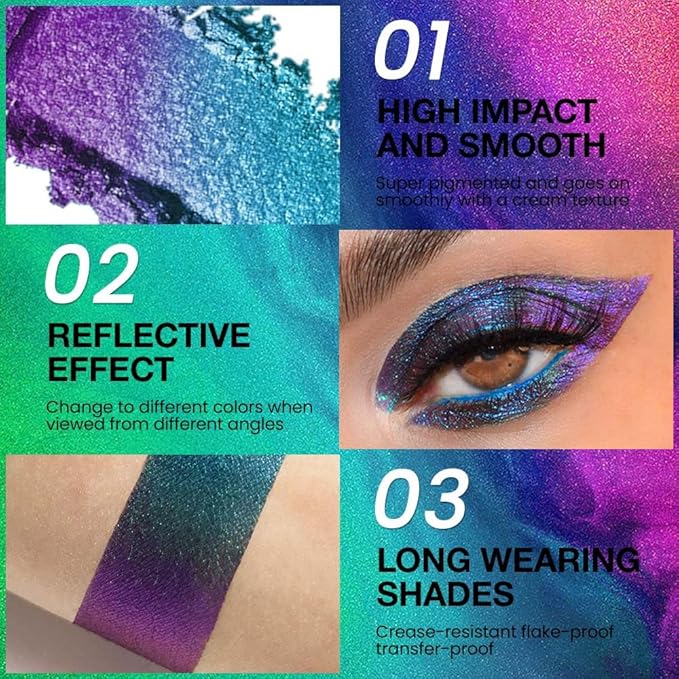 evpct Teal Blue Purple Glitter Eyeshadow Makeup Palette, Duochrome Chameleon chromatic Duo Chrome Multichrome Shimmer Metallic Gothic festival Single Eye shadow Palette Makeup for Older Women