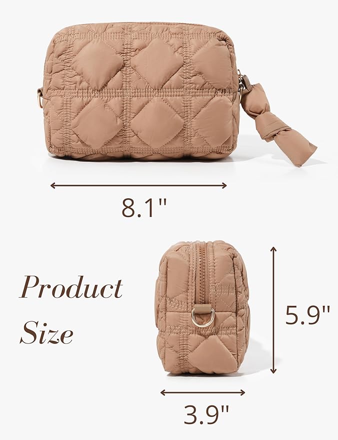 Yarnic Quilted Makeup Bag Puffy Cosmetic Bag, Travel Toiletry Bag for Women, Cute Makeup Bag Organizer Puffer Makeup Pouch (S, Caramel)