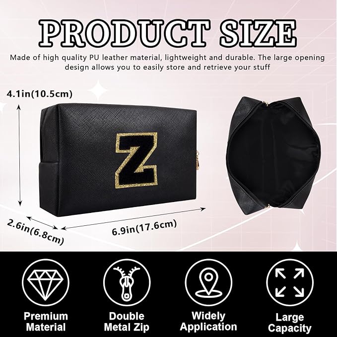 Personalized Initial Letter Patch Makeup Bag, Preppy Portable Chenille Letter Cosmetic Bag with Zipper, PU Leather Waterproof Travel Toiletry Bag Monogram Make Up Pouch for Women Girls