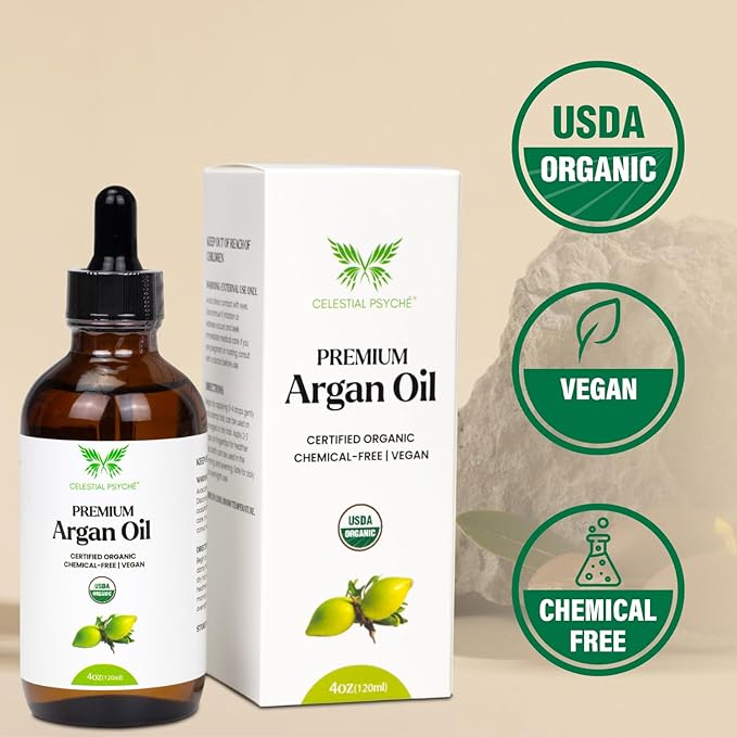 USDA Certified Organic Argan Oil (4 Oz) 100% Pure Natural, Chemical-Free, Vegan, Hexane-Free, Healthy Hair Growth, Scalp Care, Skin Hydration, Natural Beauty Enhancement