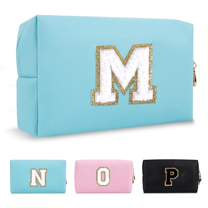 Small Personalized Initial A-Z Preppy Patch Makeup Bag,PU Chenille Letter Travel Cosmetic Pouch with Zipper,Blue Cute Toiletry Bag,Gift Ideal for Teen Girls Women Teacher Bridesmaid,Letter M