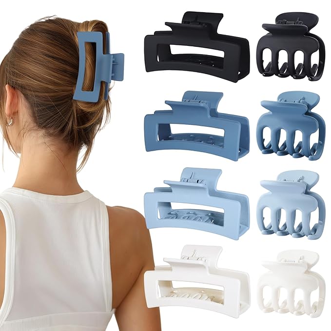 Medium Hair Clips for Women 8 Pcs Small Claw Clips for Thin and Thick Hair 2 Styles Hair Claw Clips Combination Rectangle Banana Jaw Hair Accessories for Women and Girls (Blue)