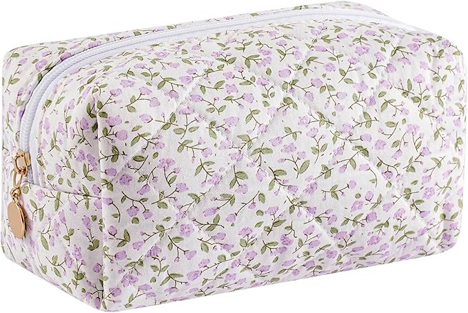 Makeup Bag Travel Cosmetic Bag for Women Girls, Zipper Make Up Pouch, Floral Flowers Toiletry Organizer Makeup, Portable Storage Cosmetic Travel Cloth Bag (Purple Floral)