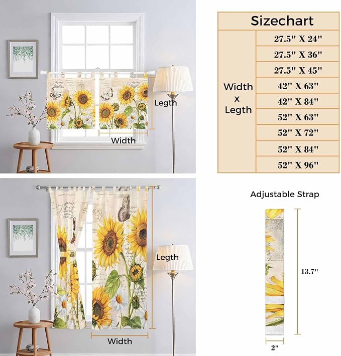 Yellow Sunflowers Kitchen Curtains 24 Inch Length, Small Window Curtains Tab Top - Image 8