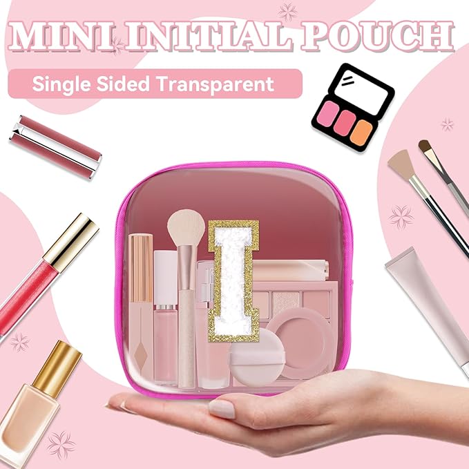 Mini Clear Personalized Initial Makeup Bag,Nylon Preppy A-Z Chenille Letter Patch Zipper Cosmetic Bag, Small Cute Beach Pouch Travel Purse Sanitary Napkin Storage Bag for Women Girls(Hot Pink-White I)