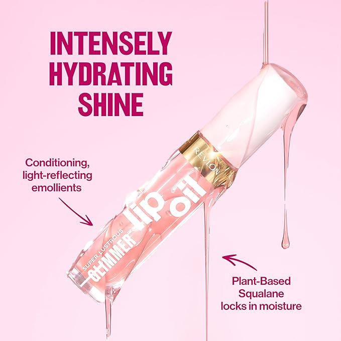 REVLON Super Lustrous Glimmer Lip Oil, Moisturizing & Tinted, Shiny Finish, Made with Plant-Based Squalane, 001 Candy Hearts, 0.13 fl oz