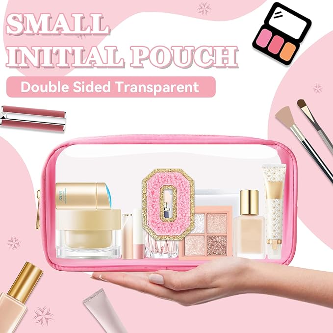 Small Clear Personalized Initial Makeup Bag, Preppy Nylon A-Z Chenille Letter Patch Makeup Organizer TSA Approved Travel Toiletry Bag,Waterproof Zip Beach Cosmetic Pouch Purse for Women(Pink-Pink O)
