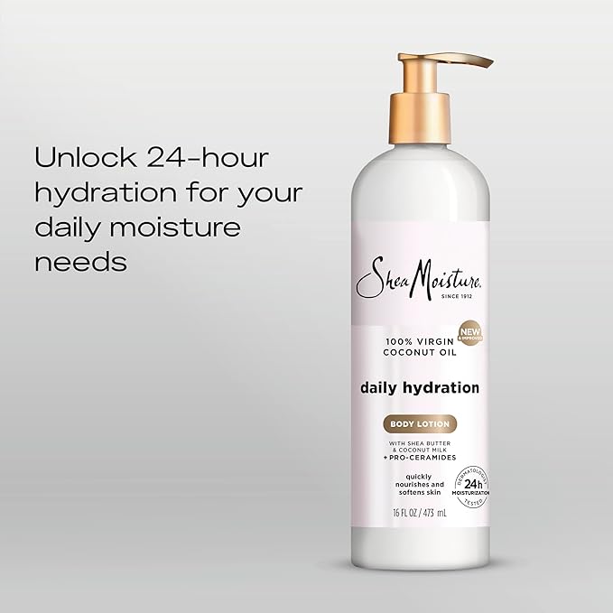 SheaMoisture Daily Hydration Body Lotion with 100% Virgin Coconut Oil, Shea Butter, Coconut Milk and Pro-Ceramides, Quickly Nourish & Soften Skin, 24H Moisturizing 16 oz