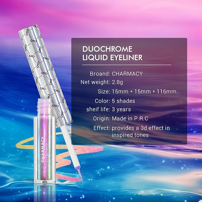 CHARMACY Chameleon Liquid Glitter Eyeliner - Highly Pigmented, Metallic MultiColor Shifting, Waterproof, Ultra-Fine Tip, Longwearing, Smudge-proof (#302)