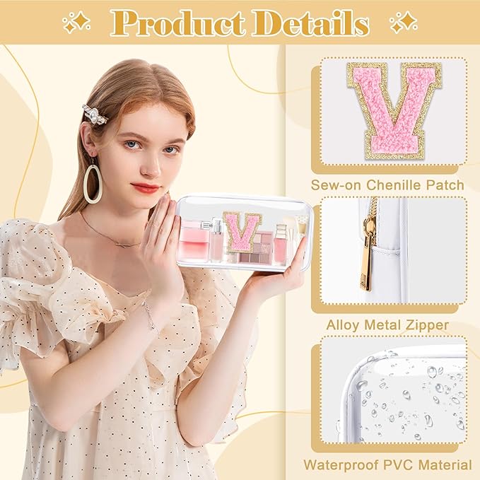 Personalized Initial Letter Clear Makeup Bag,Preppy Small Nylon&PVC Cosmetic Zipper Bag with Chenille Letter,Travel Skincare Toiletry Bag,Monogram Christmas Gift for Teen Girls Women,V