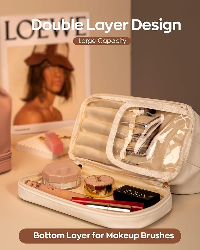 Gift for Her, Personalized Makeup Bags with Handle, Waterproof Double Layer Cosmetic Bag, PU Leather Makeup Bags Letter Travel Toiletry Bag with Makeup Brush Organizer