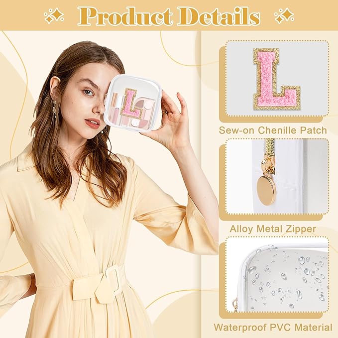 Personalized Initial Letter Clear Preppy Makeup Bag,Mini Nylon Chenille Letter Cosmetic Bag Cute Zipper Pouch Purse for Teen Girls,Portable TSA Approved Beach Travel Essentials Bag Gift for Women,L