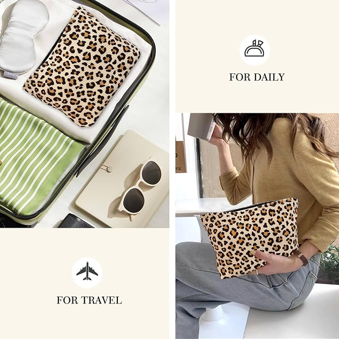STARDW Leopard Makeup Bag Organizer Cosmetic Bags for Women and Girls,Travel Toiletry Bag Large Capacity Canvas Makeup Zipper Pouch, Purse Organizer Pouches