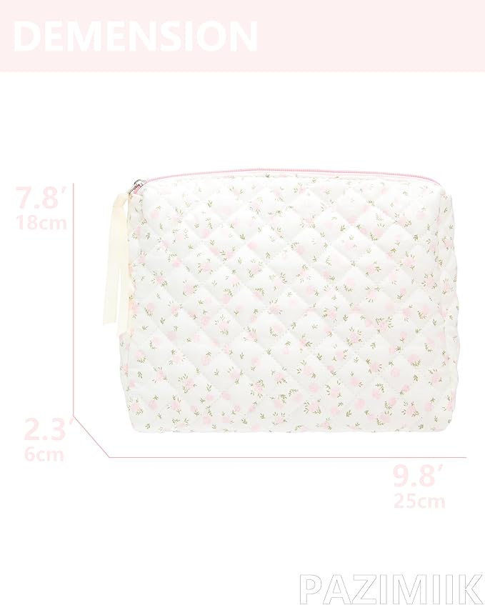 Quilted Makeup Bag Large Travel Zipper Soft Cosmetic Pouch for Women Girls Make Up,Little Flower Pink