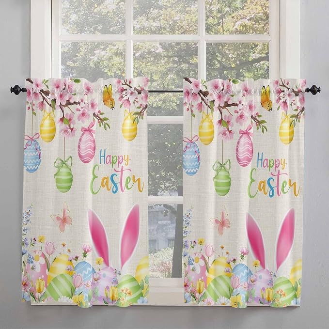 Happy Easter Kitchen Curtains 54 Inches Length, Spring Farmhouse Bunny Eggs - Image 2