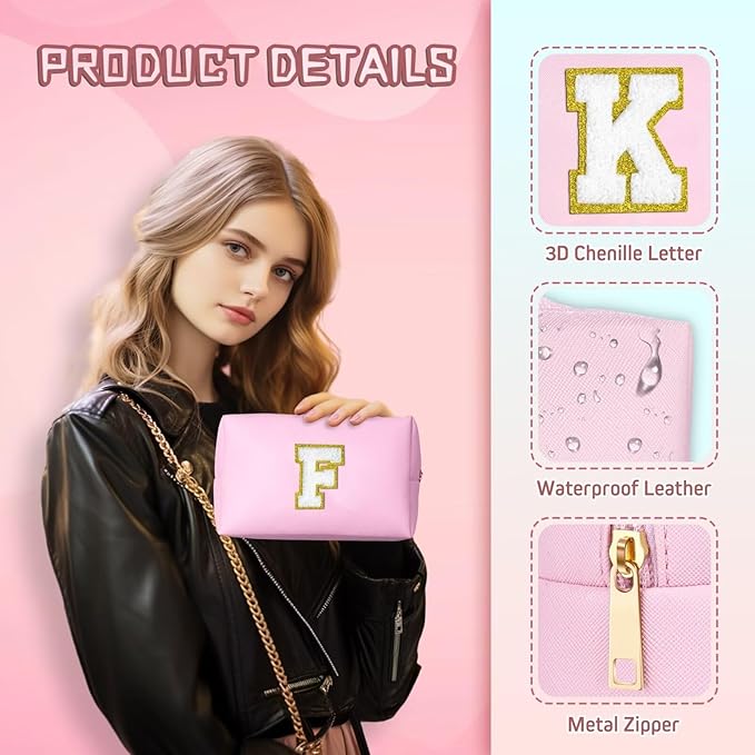 TOPEAST Preppy Patch Makeup Bag, Chenille Letter Pouch Cosmetic Bag, PU Leather Waterproof Toiletry Bag, Personalized Birthday Gift for Women Girl, Cute Stuff for Girls (Pink B)