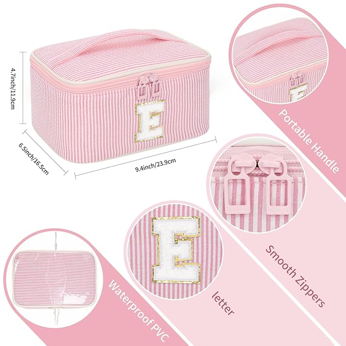 OCHEAL Makeup Bag for Women, Monogram Cosmetic Bag with Brush Holder, Pink Travel Makeup Case Beauty Toiletry Bag Organizer Personalized Gifts for Girls Bridesmaid, Sister, Wife, Friends Initial E