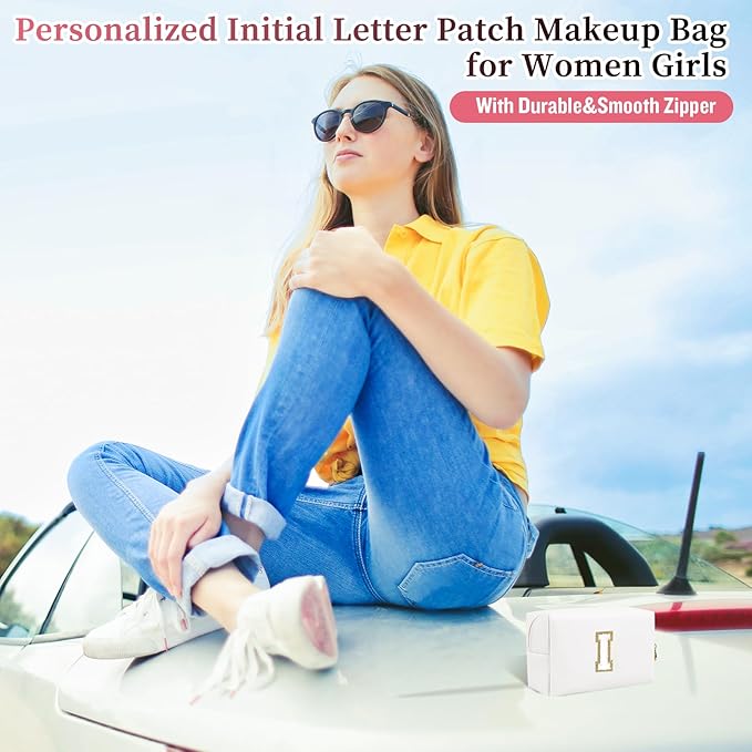 Personalized Initial Letter Patch Makeup Bag, Preppy Portable Chenille Letter Cosmetic Bag with Zipper, PU Leather Waterproof Travel Toiletry Bag Monogram Make Up Pouch for Women Girls(Letter I)