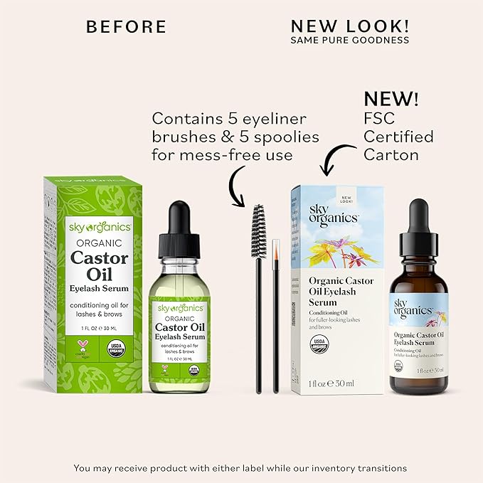 Sky Organics Organic Castor Oil Eyelash & Brow Serum, Hexane-Free Conditioning Oil that Promotes Fuller Looking Lashes & Eye Brows, 100% Pure & Cold-Pressed 1 fl. Oz. / 30 ml w ebook