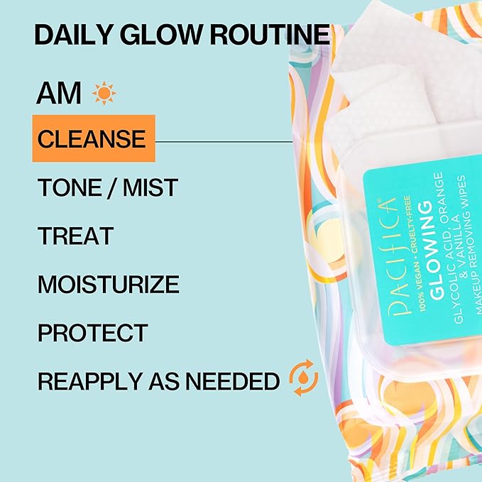 Pacifica Beauty | Glowing Makeup Remover Wipes | Gycolic Acid, Coconut Water, Aloe Infused | Daily Cleansing + Exfoliating | Clean Skin Care | Plant Fiber Facial Towelettes | 4 Count | Vegan