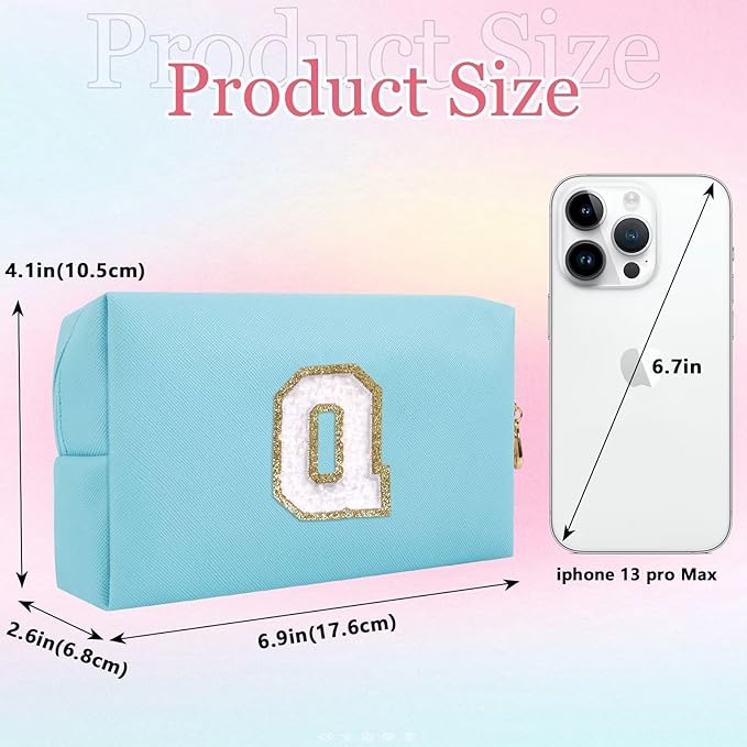 Small Personalized Letter Makeup Bag, Cute PU Leather Chenille Letters Cosmetic Bag Travel Makeup Pouch, Preppy Travel Organizer Zipper Pouch for Women&Girls（Blue-Q）