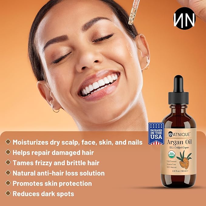 Natnique Organic Argan Oil, 2 oz – Pure Cold-Pressed Moroccan Oil from Morocco for Hair, Skin, Face & Nails – USDA Certified Organic, Virgin Aceite de Argan Cabello, Hexane-Free Moisturizer