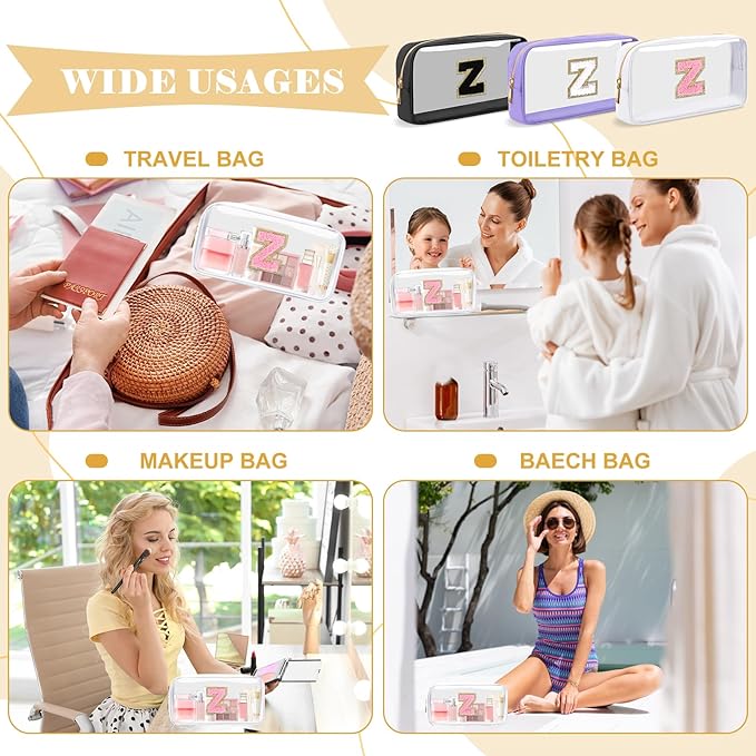 Personalized Initial Letter Clear Makeup Bag,Preppy Small Nylon&PVC Cosmetic Zipper Bag with Chenille Letter,Travel Skincare Toiletry Bag,Monogram Christmas Gift for Teen Girls Women,Z