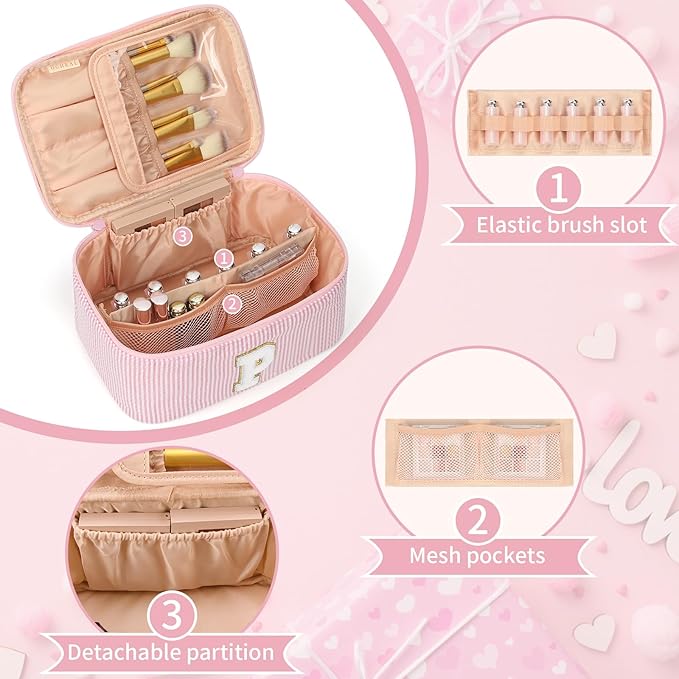 OCHEAL Makeup Bag for Women, Monogram Cosmetic Bag with Brush Holder, Pink Travel Makeup Case Beauty Toiletry Bag Organizer Personalized Gifts for Girls Bridesmaid, Sister, Wife, Friends Initial P