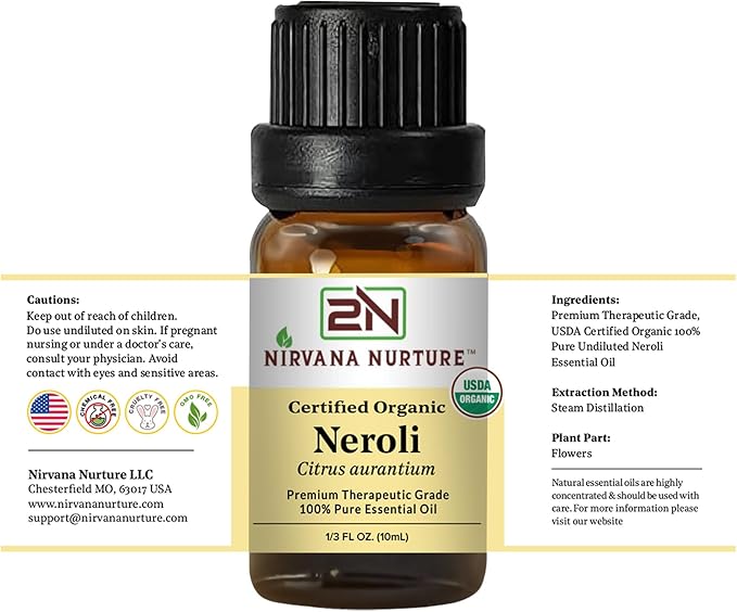 Neroli Essential Oil USDA Certified Organic, 100% Pure Natural Premium Grade, Undiluted- Aromatherapy Diffuser for Calm and Relaxation, Skin Care, Hair Care