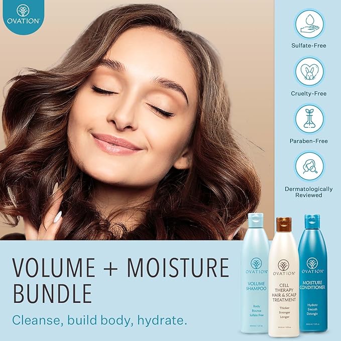 Ovation Hair 3-Step Bundle for Fine, Dry Hair - with Volume Shampoo, Cell Therapy Hair Growth & Healthy Scalp Treatment, Moisture Conditioner - Add Volume, Fullness, Hydration, Balance & Shine