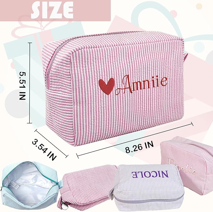 Custom Makeup Bag Personalized Cosmetic Bag Cute Seersucker Travel Toiletry Bag for Women Embroidered Bag Organizer for Bride Makeup Bag Gift Turquoise