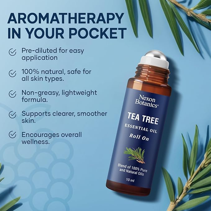 Tea Tree Oil Roll-On 10 ml - 100% Pure, Natural Essential Oil for Aromatherapy, Skin, Face & Body - Pre-Diluted for Travel - Nexon Botanics