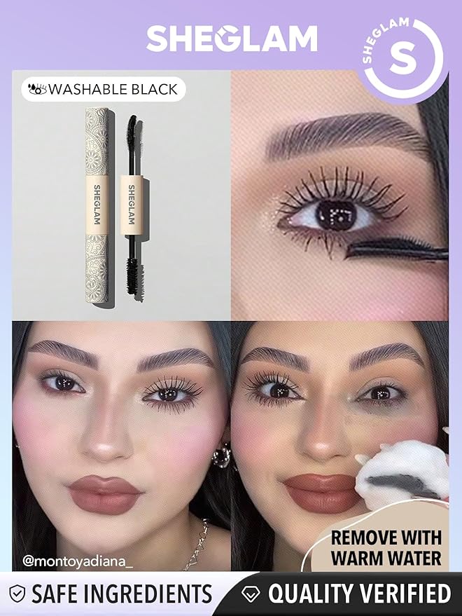 SHEGLAM 2 In 1 Black Volume and Length Washable Mascara Long Lasting Dual-Ended Tubing Eye Makeup