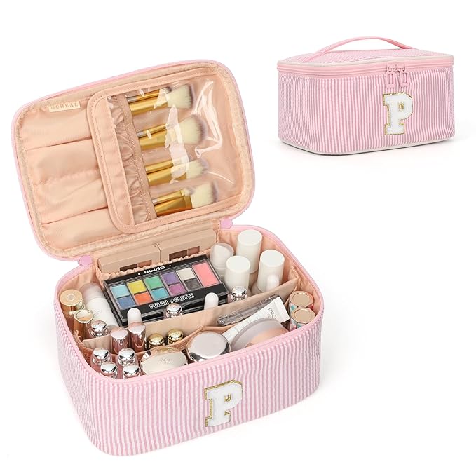 OCHEAL Makeup Bag for Women, Monogram Cosmetic Bag with Brush Holder, Pink Travel Makeup Case Beauty Toiletry Bag Organizer Personalized Gifts for Girls Bridesmaid, Sister, Wife, Friends Initial P