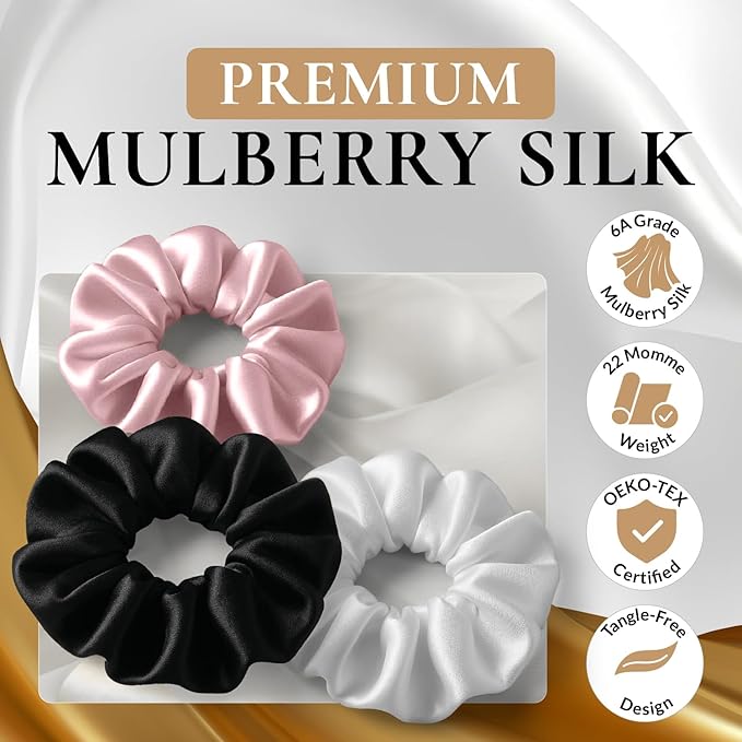 100% Pure 22 Momme Mulberry Silk Scrunchies (Set of 3) | Highest grade (6A) Luxury Hair Ties| (Black,White,Pink) | (White, Standard/Small/Skinny)