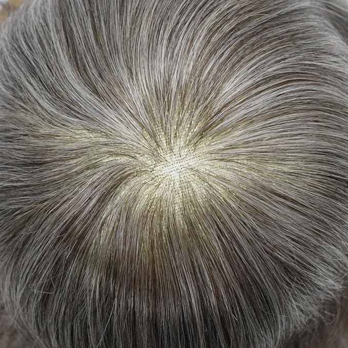 FACE MIRACLE Mens Toupee Lace Front Hairpieces Soft Human Hair Replacement System Natural Hairline Toupee for Men French Lace Poly V-Looped Mens hair Units 6"X8" #450 Medium Brown with 50% Gray