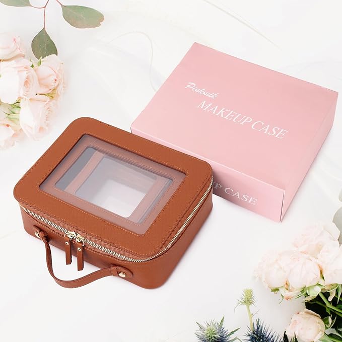 Pinkmik Clear Makeup Bag Waterproof Travel Case for Cosmetics and Toiletries Women's Purse Organizer and Clear Car Bag with Zipper (X/Brown, L+M+MINI)