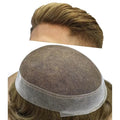 FACE MIRACLE Toupee for Men French Lace Hairpiece Human Hair Replacement System Skin PU Mens Toupee Hair Wigs for Man V-Looped Front Hair Prosthesis 6"X9" 7# VERY LIGHT BROWN