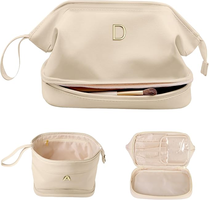 Wedding Gift Initial Makeup Bag, Personalized Double Layer Cosmetic Bag with Makeup Brush Organizer, Waterproof, Large Capacity PU Leather Travel Toiletry Bag Retirement Gifts, Daughter Gifts
