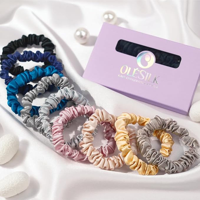 OLESILK Silk Hair Ties for Women: 100% Mulberry Skinny Silk Scrunchies, Soft Smooth No Damage No Crease for Thin Fine Curly Hair 5 Pack, Brown