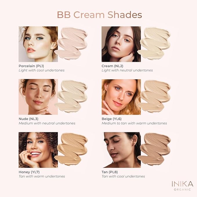 INIKA Organic BB Cream Foundation - Vegan Makeup with Hydrating Prickly Pear, Jojoba, and Pomegranate Seed Oil - Lightweight Glow for Balanced Skin Tone, Tan, 1 fl oz
